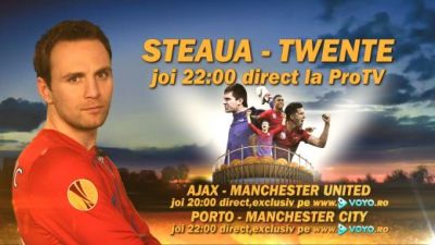 Joi, 22:00: Steaua - Twente, LIVE pe ProTv! Doua meciuri exclusiv pe Voyo.ro: Ajax - United si Porto City! Joi, 22:00: Steaua - Twente, LIVE pe ProTv! Doua meciuri exclusiv pe Voyo.ro: Ajax - United si Porto City!