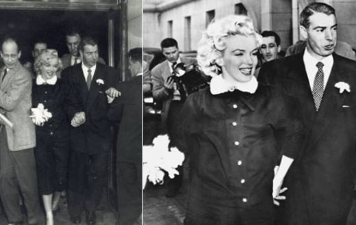 Marilyn Monroe  si  Joe DiMaggio in 1954. Actrita a ales o rochie de culoare neagra si inchisa cu nasturi