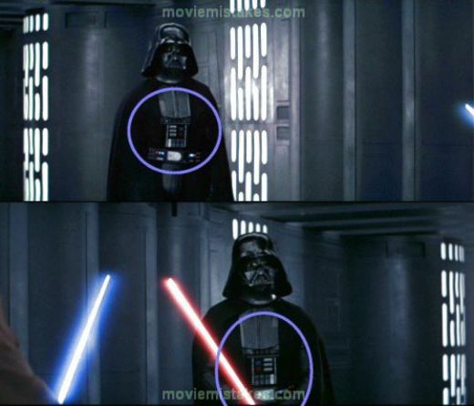  Star Wars (1977): Cand maestrii Jedi Darth Vader (vocea lui James Earl Jones) si Obi-Wan Kenobi (Alec Guinnes) se confrunta, placute de metal de pe pieptul lui Vader se schimba de la o secventa la alta.