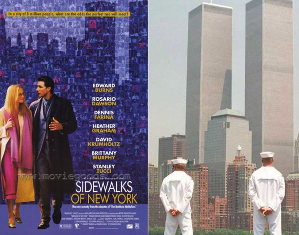 Posterul oficial al filmului Sidewalks of New York a fost modificat deoarece pe fundal apareau foarte clar turnurile gemene de la World Trade Center. Tot din cauza evenimentelor din 11 septembrie 2001, data lansarii a fost schimbata pentru noiembrie 2001. 