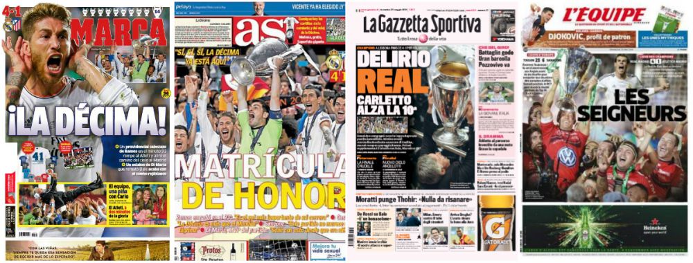 <span style="color:#f00;">"¡La Decima!", "¡Matricula de Honor!", "¡Delirio Real!"</span> Reactiile din presa spaniola dupa Finala Ligii! <span style="color:#f00;">Catalanii au SOCAT!</span>