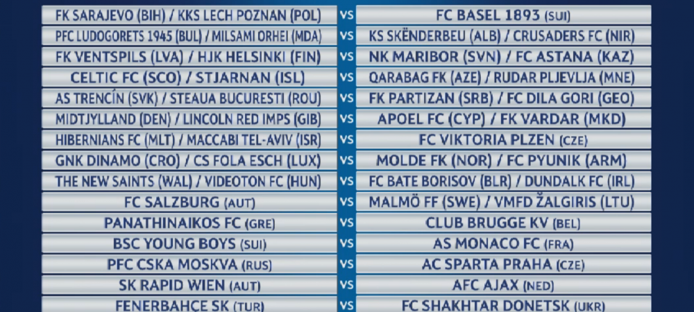 <p>
<span style="color:#f00;">BOMBA in Est: Steaua joaca impotriva castigatoarei dintre Partizan si Dila Gori! </span>ASA Tg. Mures - St. Etienne, West Ham - Astra, Mladost - Botosani</p>