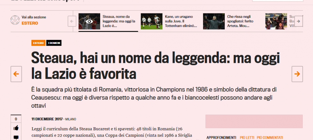 Cum va reactiona Talpan? <span style="color:#f00;">Gazzetta dello Sport, despre intalnirea cu Lazio: "Steaua, nume de legenda!" </span>