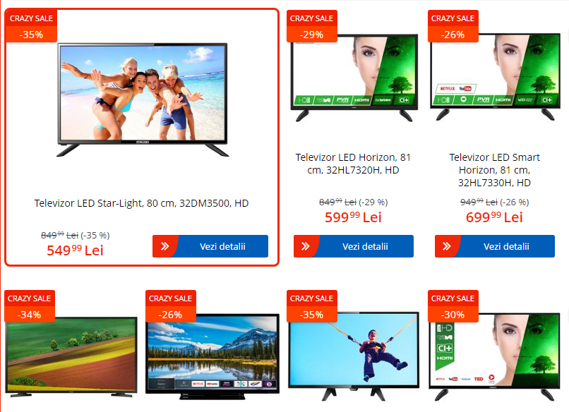 CRAZY SALES la eMAG si astazi! Televizor LED HD de 80 centimetri, la doar 549 RON! Vezi toate ofertele