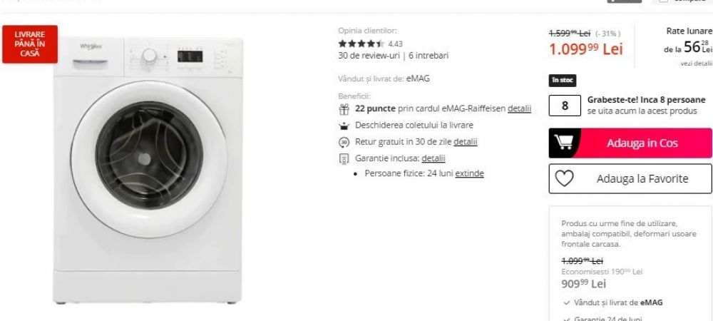 <span style="color:#f00;">Masina de spalat rufe Slim Whirlpool, 6kg, 1000 rpm, Clasa A++ redusa de la 1599 de lei la 1.099 lei!</span> Lada frigorifica Beko, 284 l, Fast Freezing, Clasa A++ redusa 36%! E doar 1.149 lei!