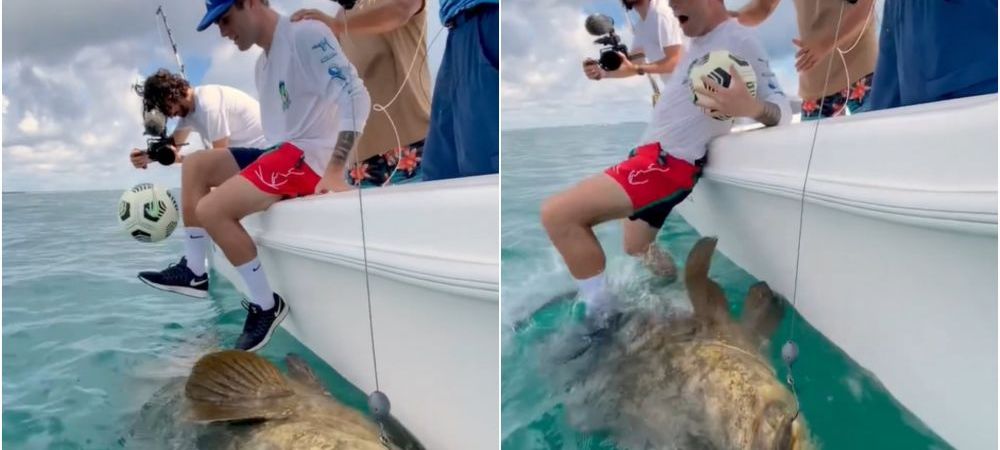 <span style="color:#f00;">Imagini incredibile cu starul lui Chelsea! A jonglat cu mingea</span> pe marginea unei barci, langa un peste gigant si a fost aproape sa cada in ocean