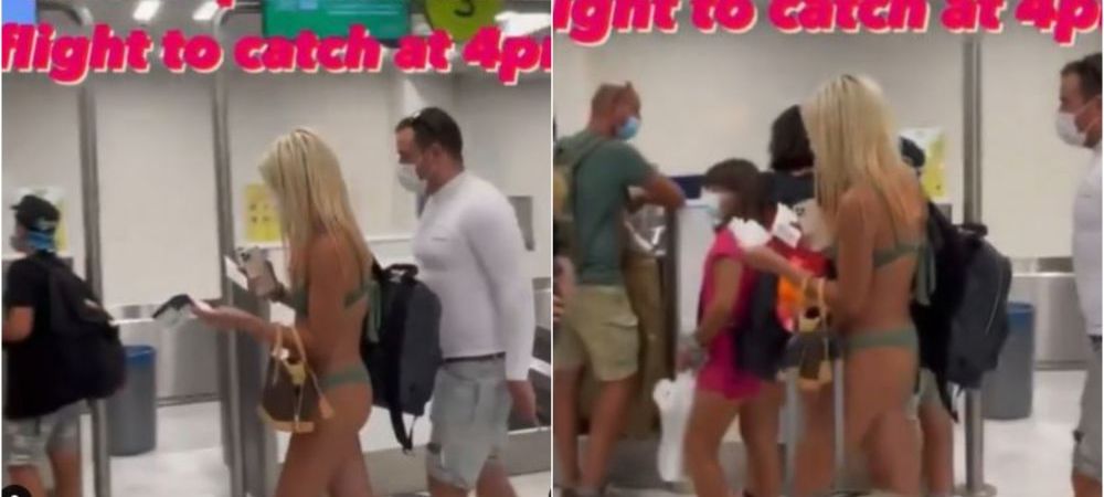 Și-a uitat hainele acasă! Femeia care a fost surprinsă plimbându-se în aeroport doar în lenjerie intimă și cu o geantă la ea